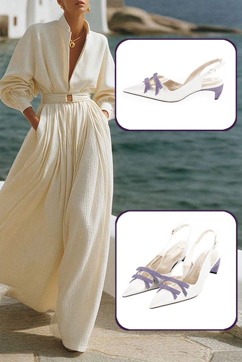 Women's pure white and lilac purple elegant slingback heels, with a bow on the front. Pointed toe. Low comma heels - Worn view